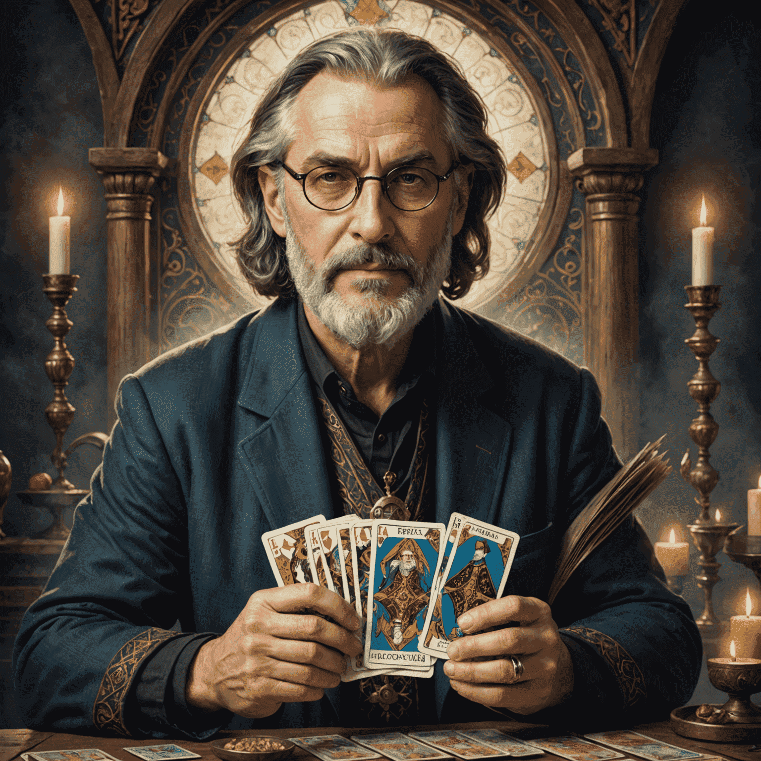 Portrait de Marc Lefèvre, maître tarologue, un homme d'âge moyen avec une barbe grise et des lunettes, tenant un jeu de tarot