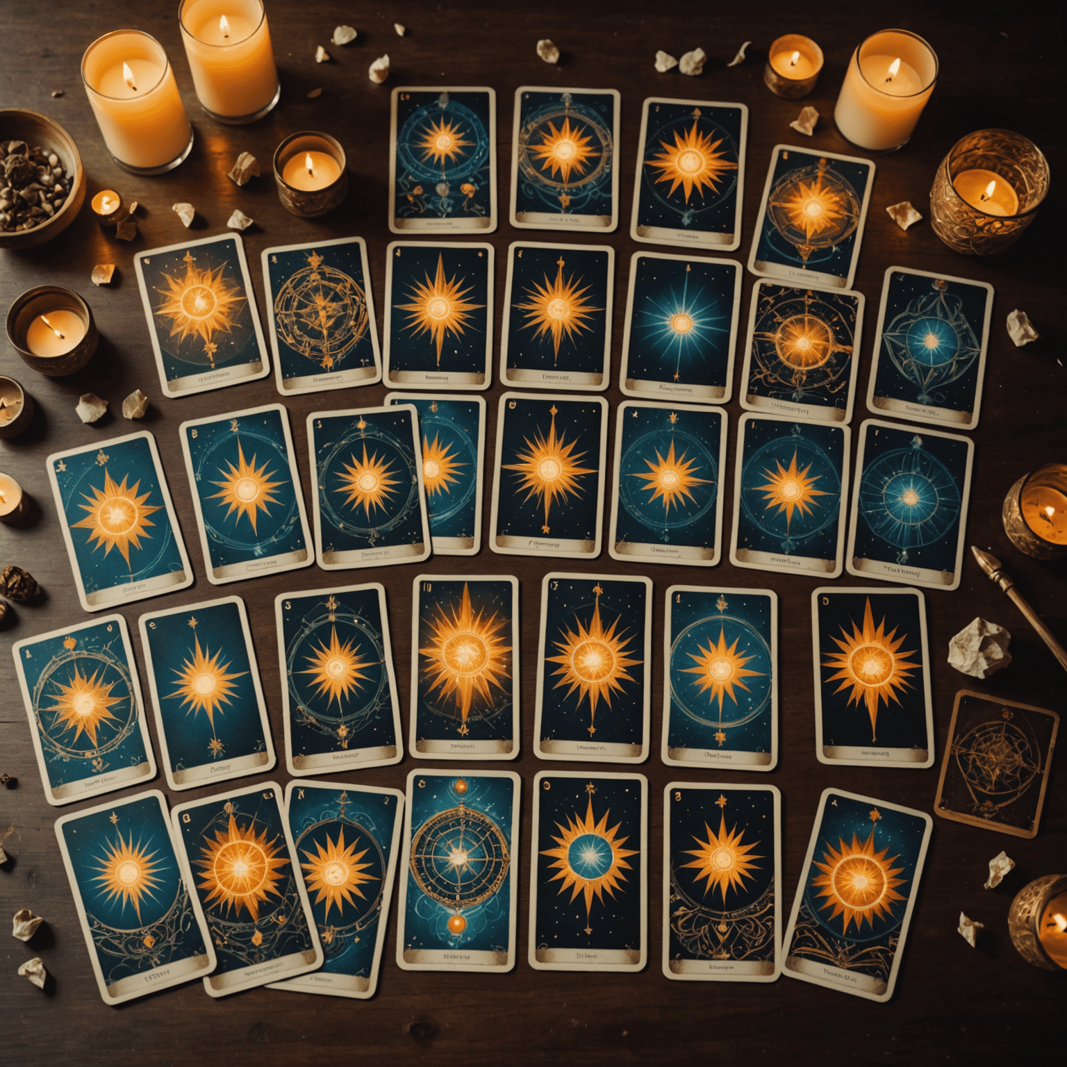 Une image montrant plusieurs dispositions de cartes de tarot formant des motifs complexes, avec des rayons de lumière émanant des cartes, symbolisant la découverte de soi